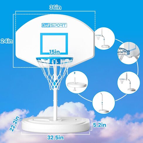 Pool Basketball Hoop Poolside,36 in White Finish Adjustable Basketball Hoop for Pool,Rust Proof Stainless Steel 15in Rim,2 Pool Basketballs Included in Kuwait