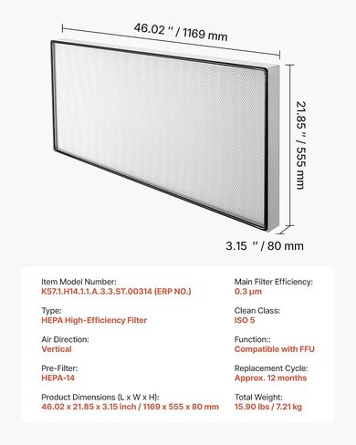 VEVOR Laminar Flow Hood Filter, 46.02 x 21.85 x 3.15 in, 1 Piece HEPA Filter Replacement for 49.65 x 40.55 in FUU Fan Filter Unit to Capture Particles Sized 0.3μm, Glass Fiber, Aluminum Frame in Saudi Arabia