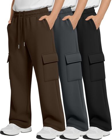3 Pack Boys' Cargo Sweatpants Wide Leg Baggy Casual Pants Elastic Waist Open Bottom Workout Joggers with Pockets in Saudi Arabia