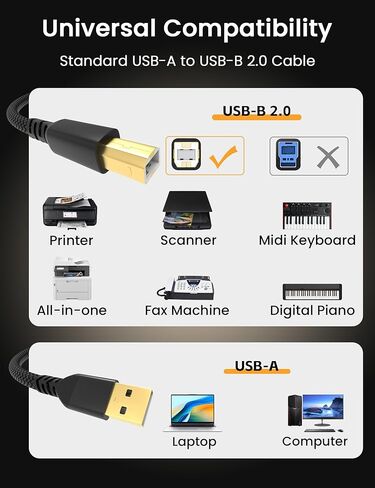 كابل طابعة Sinoacc USB A إلى USB B كابل طابعة ماسح ضوئي مجدول من النايلون عالي السرعة 480 ميجا بت في الثانية متوافق مع لوحة مفاتيح HP Canon Dell Epson Brother Piano DAC Midi - موصلات مطلية بالذهب، أسود، 10 أقدام in Kuwait