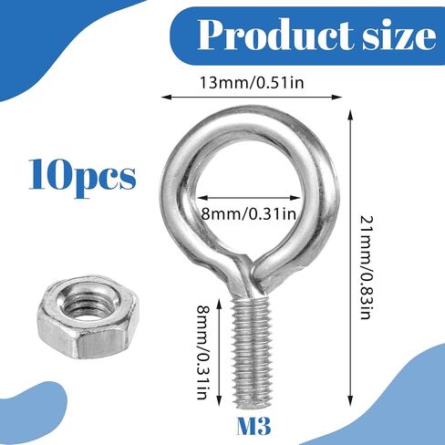 10 قطع M3x8mm آلات رفع العين الترباس، 304 الفولاذ المقاوم للصدأ الخيوط المسمار Eyebolt الكتف مع المكسرات لتعليق أو تأمين الكابلات in Kuwait