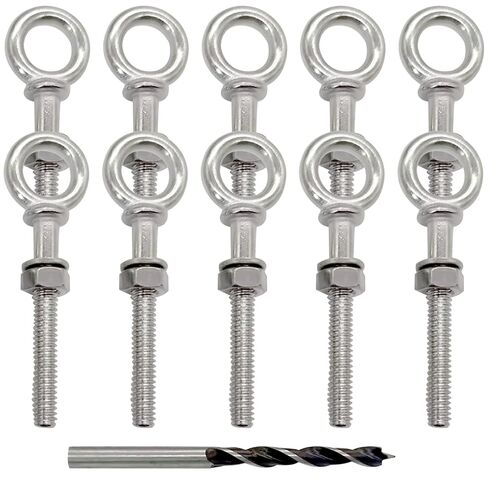 10 Pack 1/4" x 2" Eye Bolt T316 Stainless Steel Shoulder Lifting Ring Threaded Eyebolts with Nuts Washers & Drill Bit Marine Grade G277(Silvery) in Saudi Arabia
