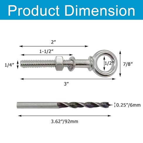 10 Pack 1/4" x 2" Eye Bolt T316 Stainless Steel Shoulder Lifting Ring Threaded Eyebolts with Nuts Washers & Drill Bit Marine Grade G277(Silvery) in Saudi Arabia