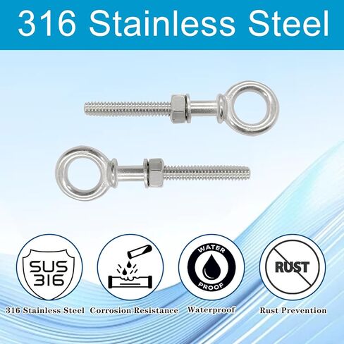 10 Pack 1/4" x 2" Eye Bolt T316 Stainless Steel Shoulder Lifting Ring Threaded Eyebolts with Nuts Washers & Drill Bit Marine Grade G277(Silvery) in Saudi Arabia