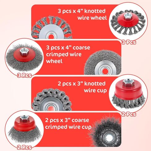 10-Pack Stainless Steel Wire Wheel & Cup Brush Set for 4-1/2" Angle Grinder - 4 & 3 Inch Knotted and Crimped Brushes with 5/8"-11 Threaded Arbor for Rust, Paint, Weld Removal in Saudi Arabia