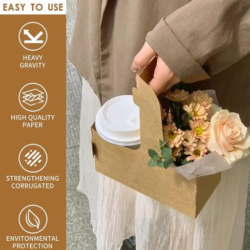 60 قطعة من ورق كرافت البني 2 كوب حامل مشروبات بمقبض - حامل أكواب من الورق المقوى كرافت للاستعمال مرة واحدة للمشروبات الساخنة أو الباردة، حامل أكواب للطلبات الخارجية وحامل قهوة لتوصيل الطعام، صينية مشروبات سعة 2 كوب in Kuwait