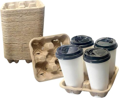 24/7 BAGS Tearable 4 to 2 Disposable Cup Drink Carrier Tray, 50 Pack, Pulp Fiber Cup Holder for 8-32 oz Cup, Hot & Cold Delivery Takeout in Kuwait