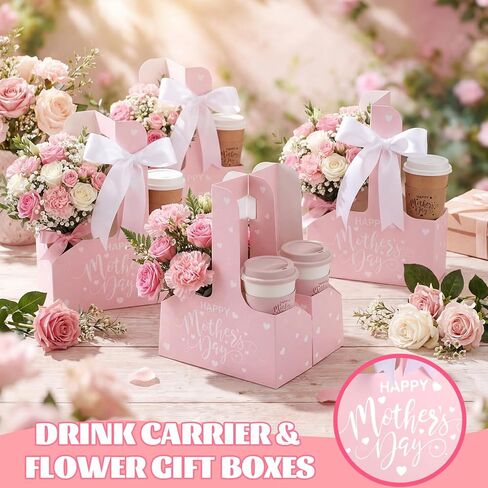Rtteri 36 Set Mother's Day 2-cup Disposable Drink Carrier Flower Gift Boxes with Handle Holiday Kraft Paperboard Coffee Cup Holder with Ribbon for Valentine Teachers' Day Appreciation Gifts in Saudi Arabia