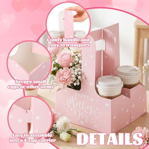 Rtteri 36 Set Mother's Day 2-cup Disposable Drink Carrier Flower Gift Boxes with Handle Holiday Kraft Paperboard Coffee Cup Holder with Ribbon for Valentine Teachers' Day Appreciation Gifts in Saudi Arabia