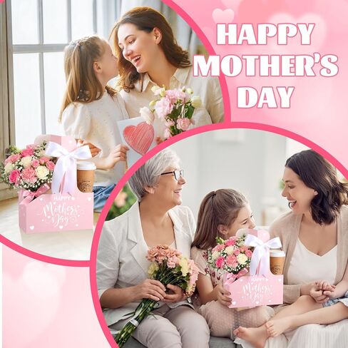 Rtteri 36 Set Mother's Day 2-cup Disposable Drink Carrier Flower Gift Boxes with Handle Holiday Kraft Paperboard Coffee Cup Holder with Ribbon for Valentine Teachers' Day Appreciation Gifts in Saudi Arabia