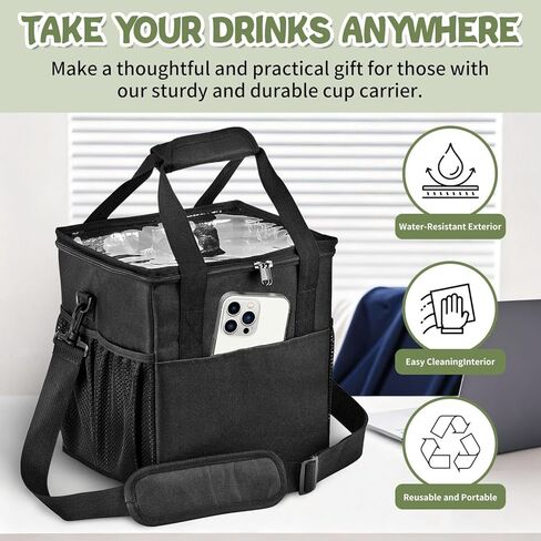 حامل مشروبات قابل لإعادة الاستخدام مع مقبض، حقيبة حامل أكواب القهوة المحمولة المعزولة بـ 4 أكواب مع حزام كتف وفواصل قابلة للتعديل، صينية قابلة للطي، علبة زجاجة مياه، مشروبات مشروبات، لتوصيل بورتا فاسوس بارا in Kuwait