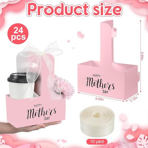 Ctosree 24 Pack 2 Cup Drink Carrier with Handle for Mother's Day Disposable Paperboard Beverage Cupholder with Ribbon for Hot Cold Drink, Take out Cup Carriers to Go Coffee Cupholder for Food Delivery in Saudi Arabia