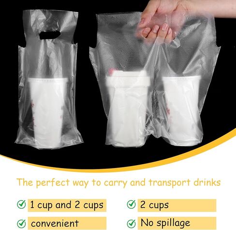 400Pcs Single Drink Carrier Bags with Handle Disposable 2 Cup Holder Togo Coffee Holder Bag with Handle for Delivery Packaging Hanging Clear Carry Out Bag for Beverage Juice Milk Tea Store in Saudi Arabia