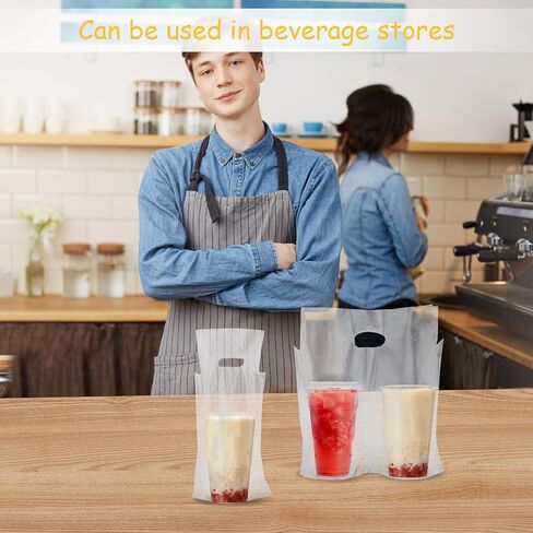 400Pcs Single Drink Carrier Bags with Handle Disposable 2 Cup Holder Togo Coffee Holder Bag with Handle for Delivery Packaging Hanging Clear Carry Out Bag for Beverage Juice Milk Tea Store in Saudi Arabia