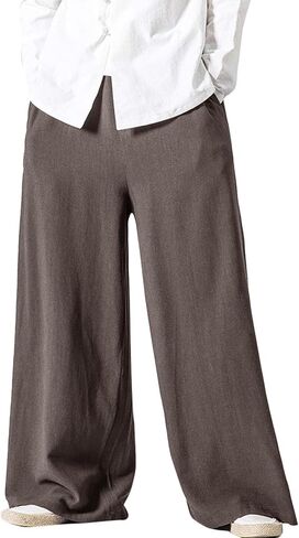 Flygo Mens Linen Pants Casual Wide Leg Baggy Pants Summer Cotton Elastic Waist Yoga Beach Palazzo Trousers in Kuwait