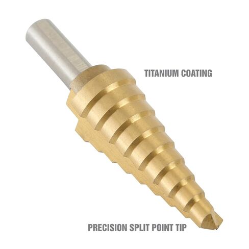 OEMTOOLS 26534 Step Drill Bit, 1/4 in to 3/4 in Step Bit Sizes, Two-Flute Design for Smooth Accurate Cuts, Precision Split-Point Tip, Titanium Coated with Hex Shank for Power Tools in Saudi Arabia