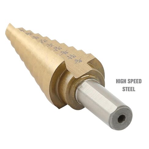 OEMTOOLS 26534 Step Drill Bit, 1/4 in to 3/4 in Step Bit Sizes, Two-Flute Design for Smooth Accurate Cuts, Precision Split-Point Tip, Titanium Coated with Hex Shank for Power Tools in Saudi Arabia