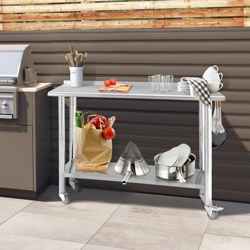 طاولة عمل من الفولاذ المقاوم للصدأ مقاس 36 × 24 بوصة مع 4 عجلات، إعداد المطبخ التجاري NSF وطاولة العمل مع رف سفلي وأرجل مجلفنة للمطعم والبار وغرفة المرافق والمطبخ والجراج in Kuwait