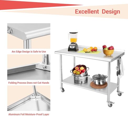 طاولة عمل من الفولاذ المقاوم للصدأ مقاس 36 × 24 بوصة مع 4 عجلات، إعداد المطبخ التجاري NSF وطاولة العمل مع رف سفلي وأرجل مجلفنة للمطعم والبار وغرفة المرافق والمطبخ والجراج in Kuwait