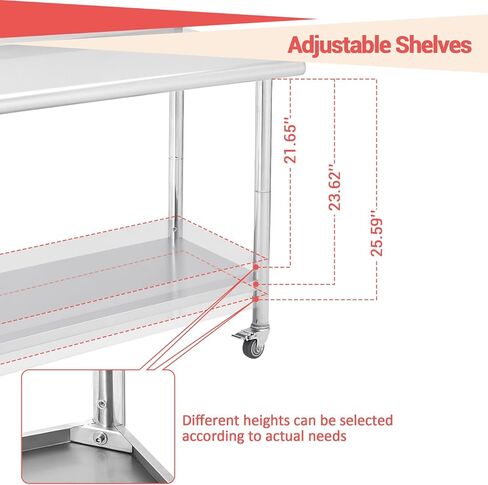 طاولة عمل من الفولاذ المقاوم للصدأ مقاس 36 × 24 بوصة مع 4 عجلات، إعداد المطبخ التجاري NSF وطاولة العمل مع رف سفلي وأرجل مجلفنة للمطعم والبار وغرفة المرافق والمطبخ والجراج in Kuwait