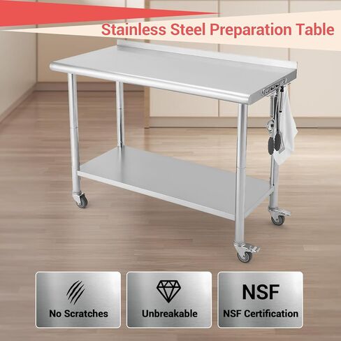 طاولة عمل من الفولاذ المقاوم للصدأ مقاس 36 × 24 بوصة مع 4 عجلات، إعداد المطبخ التجاري NSF وطاولة العمل مع رف سفلي وأرجل مجلفنة للمطعم والبار وغرفة المرافق والمطبخ والجراج in Kuwait