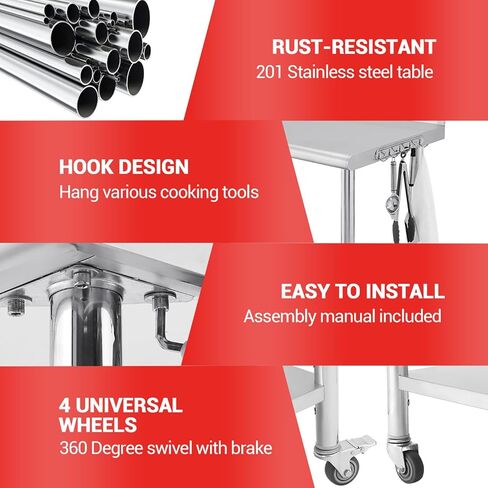 طاولة عمل من الفولاذ المقاوم للصدأ مقاس 36 × 24 بوصة مع 4 عجلات، إعداد المطبخ التجاري NSF وطاولة العمل مع رف سفلي وأرجل مجلفنة للمطعم والبار وغرفة المرافق والمطبخ والجراج in Kuwait