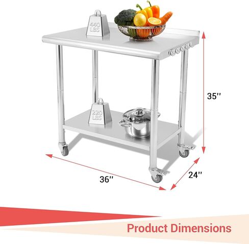 طاولة عمل من الفولاذ المقاوم للصدأ مقاس 36 × 24 بوصة مع 4 عجلات، إعداد المطبخ التجاري NSF وطاولة العمل مع رف سفلي وأرجل مجلفنة للمطعم والبار وغرفة المرافق والمطبخ والجراج in Kuwait
