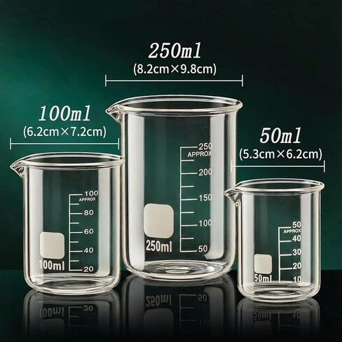 مجموعة أكواب زجاجية بوروسيليكات من الدرجة المعملية، 3 أحجام (50 مل، 100 مل، 250 مل) للقياس والخلط، شكل منخفض مع التخرج، مقاومة للحرارة لمختبر الكيمياء والعلوم والمطبخ والمشروعات اليدوية in Kuwait