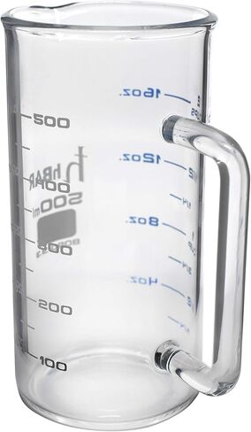 hBARSCI Industrial Beaker Mug, 500ml - Extra Heavy Duty 3.3 Borosilicate Glass - Tall Form, with Spout - Double Sided, Printed Graduations in Cups, Ounces & Milliliters in Saudi Arabia