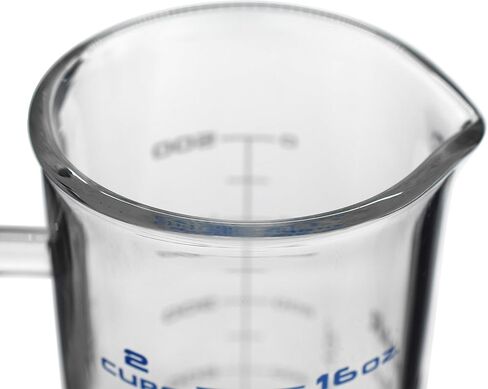hBARSCI Industrial Beaker Mug, 500ml - Extra Heavy Duty 3.3 Borosilicate Glass - Tall Form, with Spout - Double Sided, Printed Graduations in Cups, Ounces & Milliliters in Saudi Arabia