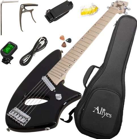 Aliyes جيتار كهربائي خفيف للسفر، مقياس كامل 24 75 بوصة للتمرين، محمول صغير الحجم ضوء ريشة الجيتار، حقيبة أزعج الجسم من الخشب الصلب، جميع الملحقات (أسود) in Kuwait