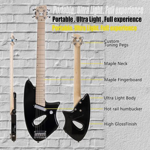 Aliyes جيتار كهربائي خفيف للسفر، مقياس كامل 24 75 بوصة للتمرين، محمول صغير الحجم ضوء ريشة الجيتار، حقيبة أزعج الجسم من الخشب الصلب، جميع الملحقات (أسود) in Kuwait