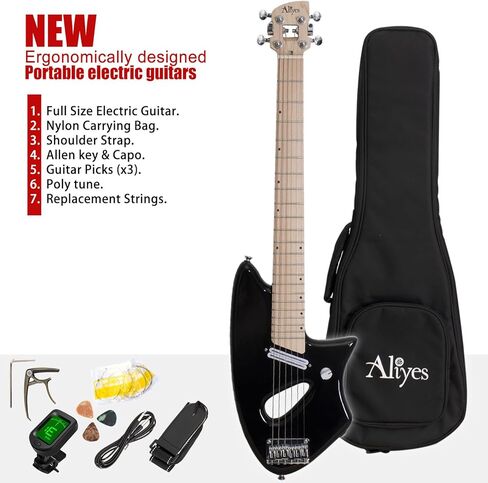 Aliyes جيتار كهربائي خفيف للسفر، مقياس كامل 24 75 بوصة للتمرين، محمول صغير الحجم ضوء ريشة الجيتار، حقيبة أزعج الجسم من الخشب الصلب، جميع الملحقات (أسود) in Kuwait