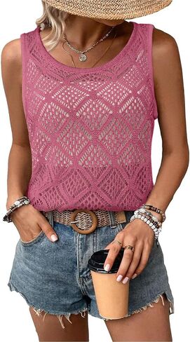Women's Hollow Sweater Vest Crochet Tank Tops Knit Out Sleeveless Cover Up Summer Boho Top Pullover in Kuwait