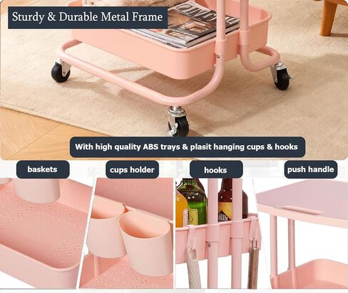 3 Tier Rolling Cart Table Top, Rolling Metal Organization Cart with 3 Cups & 3 Hooks, Multifunctional Storage Shelves with Wheels for Kitchen Living Room Office,Black in Kuwait