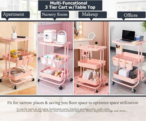 3 Tier Rolling Cart Table Top, Rolling Metal Organization Cart with 3 Cups & 3 Hooks, Multifunctional Storage Shelves with Wheels for Kitchen Living Room Office,Black in Kuwait