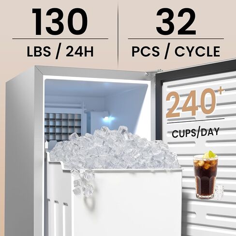 15" Under Counter Ice Maker Machine, 130 Lbs/Day with 30 LBS Storage Bin, Built-in Freestanding Stainless Steel Ice Maker with Auto-Cleaning, Smart LCD Panel, for Commercial & Home Outdoor Use in Kuwait