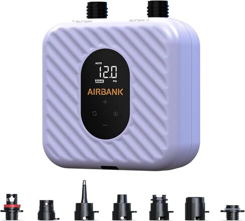 مضخة لوح مجداف قابلة لإعادة الشحن من AIRBANK، مضخة SUP كهربائية، بطارية 38.5 وات في الساعة، 20 رطل لكل بوصة مربعة، نفخ سهل ومضخة هواء خفيفة الوزن ذات ضغط عالي مزدوج المرحلة لقوارب الكاياك وأجنحة الطائرات الورقية والقوارب القابلة للنفخ in Kuwait