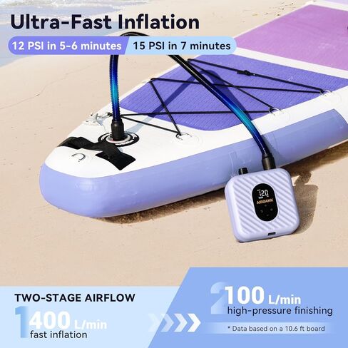 مضخة لوح مجداف قابلة لإعادة الشحن من AIRBANK، مضخة SUP كهربائية، بطارية 38.5 وات في الساعة، 20 رطل لكل بوصة مربعة، نفخ سهل ومضخة هواء خفيفة الوزن ذات ضغط عالي مزدوج المرحلة لقوارب الكاياك وأجنحة الطائرات الورقية والقوارب القابلة للنفخ in Kuwait