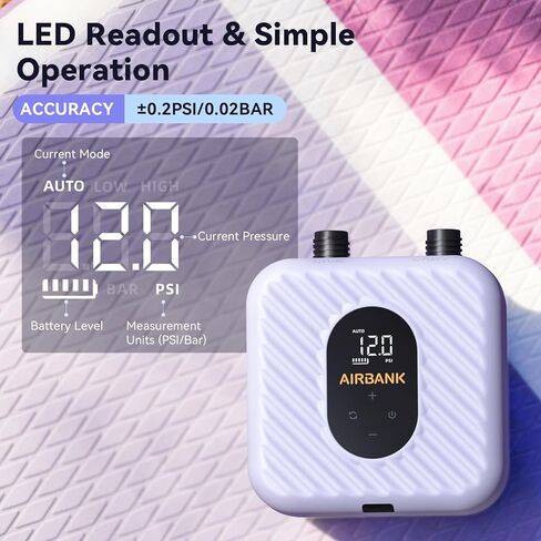 مضخة لوح مجداف قابلة لإعادة الشحن من AIRBANK، مضخة SUP كهربائية، بطارية 38.5 وات في الساعة، 20 رطل لكل بوصة مربعة، نفخ سهل ومضخة هواء خفيفة الوزن ذات ضغط عالي مزدوج المرحلة لقوارب الكاياك وأجنحة الطائرات الورقية والقوارب القابلة للنفخ in Kuwait