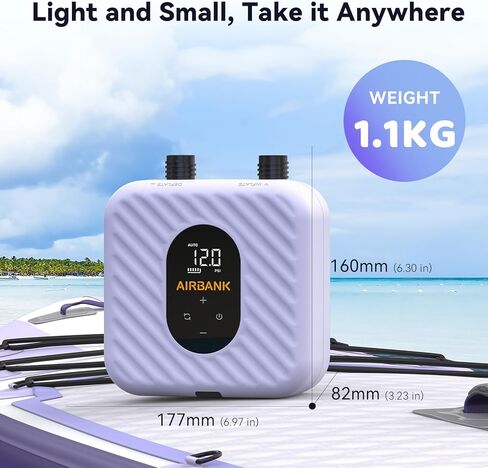 مضخة لوح مجداف قابلة لإعادة الشحن من AIRBANK، مضخة SUP كهربائية، بطارية 38.5 وات في الساعة، 20 رطل لكل بوصة مربعة، نفخ سهل ومضخة هواء خفيفة الوزن ذات ضغط عالي مزدوج المرحلة لقوارب الكاياك وأجنحة الطائرات الورقية والقوارب القابلة للنفخ in Kuwait