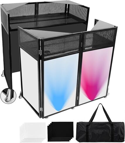 2026 Upgraded DJ Booth with Wheels, 44x20x50Inch DJ Facade with Replaceable White and Black Scrims, Foldable Portable Design DJ Table Stand with Carry Bag, for Party, Event, Wedding in Kuwait
