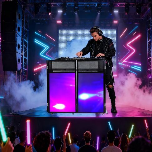 2026 Upgraded DJ Booth with Wheels, 44x20x50Inch DJ Facade with Replaceable White and Black Scrims, Foldable Portable Design DJ Table Stand with Carry Bag, for Party, Event, Wedding in Kuwait