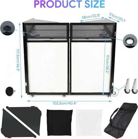 2026 Upgraded DJ Booth with Wheels, 44x20x50Inch DJ Facade with Replaceable White and Black Scrims, Foldable Portable Design DJ Table Stand with Carry Bag, for Party, Event, Wedding in Kuwait
