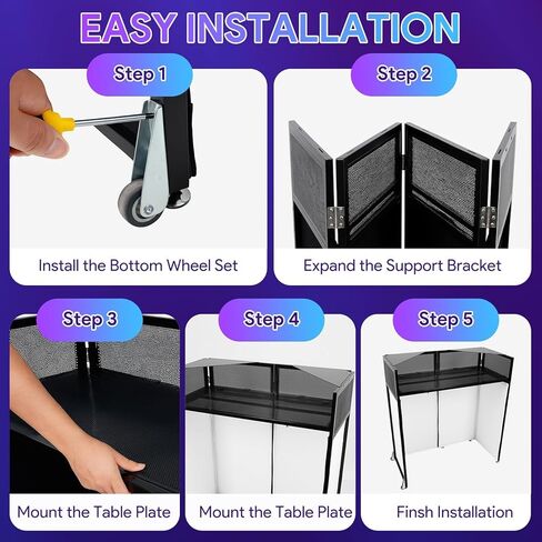 2026 Upgraded DJ Booth with Wheels, 44x20x50Inch DJ Facade with Replaceable White and Black Scrims, Foldable Portable Design DJ Table Stand with Carry Bag, for Party, Event, Wedding in Kuwait