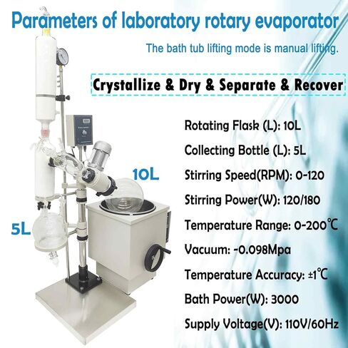 Rotary Evaporator 10L, Manual Lifting Lab Evaporator, 110V Rotavapor with Digital Display for Essential Oil Extraction, Solvent Recovery, Chemical Distillation Lab Equipment in Saudi Arabia