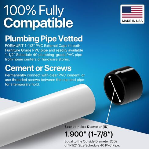 FORMUFIT F112EEC-BK-10 1-1/2" Furniture Grade External Flat End Cap in Black, 1.9" ID, PVC (Pack of 10) in Kuwait