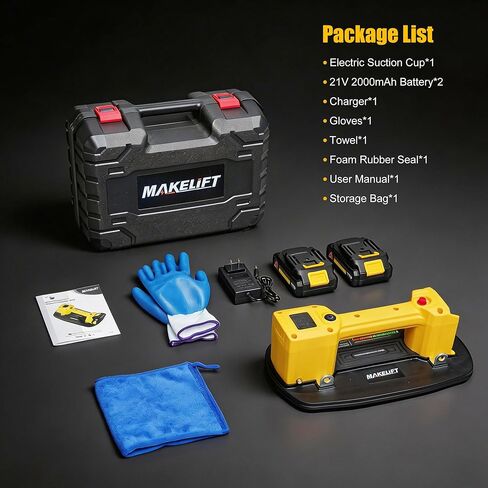 كوب شفط كهربائي، أكواب شفط فراغ للزجاج، أداة شفط البلاط، أقصى حمولة 200 كجم/440 رطل، 2 * 2000 مللي أمبير في الساعة، شاشة LED، منشفة وقفازات، لرفع الزجاج والبلاط والمعادن والجرانيت in Kuwait