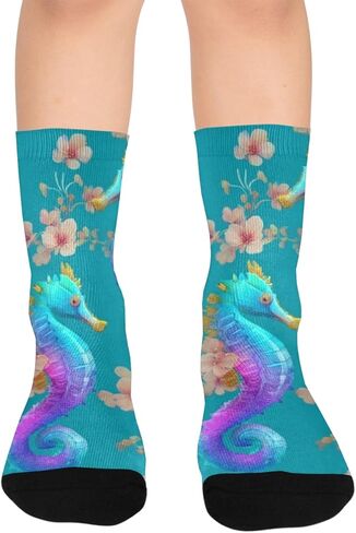 جوارب المشي لمسافات طويلة بطبعة فرس البحر بألوان قوس قزح - جوارب شتوية حرارية سميكة دافئة للأولاد والبنات للمدرسة، والارتداء اليومي والأنشطة الخارجية in Kuwait