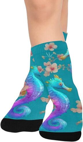 جوارب المشي لمسافات طويلة بطبعة فرس البحر بألوان قوس قزح - جوارب شتوية حرارية سميكة دافئة للأولاد والبنات للمدرسة، والارتداء اليومي والأنشطة الخارجية in Kuwait